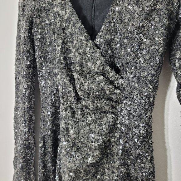 AX Paris Long Sleeve Sequin Evening Dress Surplice Neckline Silver Black Event - Picture 5 of 15